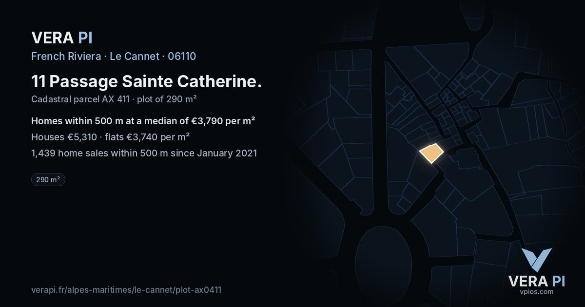 11 Passage Sainte Catherine, Le Cannet at night – the plot lit, the parcels around coloured by the prices near them