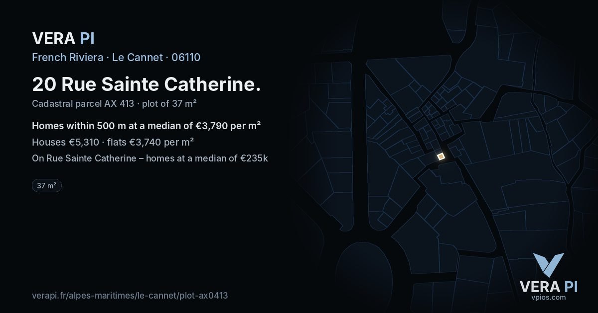 20 Rue Sainte Catherine, Le Cannet at night – the plot lit, the parcels around coloured by the prices near them