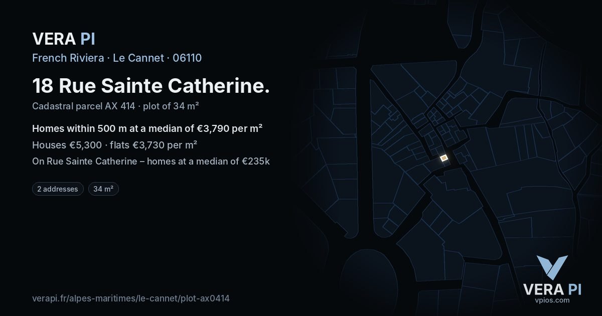 18 Rue Sainte Catherine, Le Cannet at night – the plot lit, the parcels around coloured by the prices near them