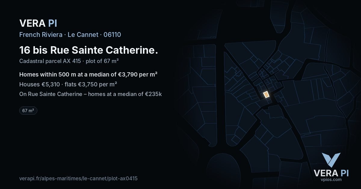 16 bis Rue Sainte Catherine, Le Cannet at night – the plot lit, the parcels around coloured by the prices near them