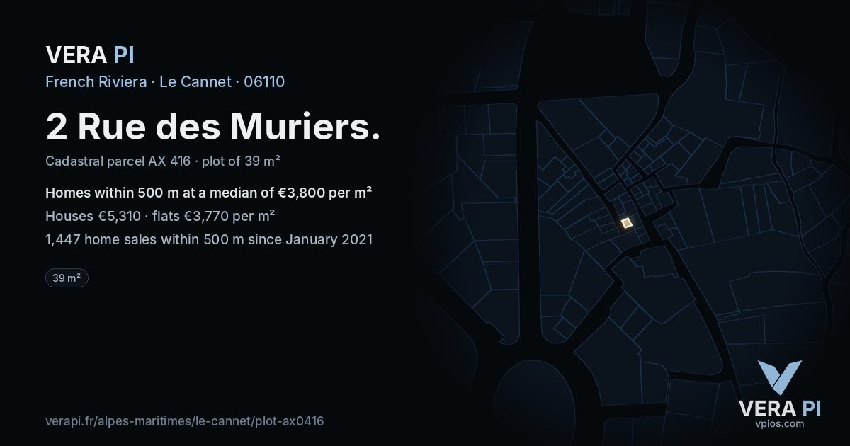 2 Rue des Muriers, Le Cannet at night – the plot lit, the parcels around coloured by the prices near them