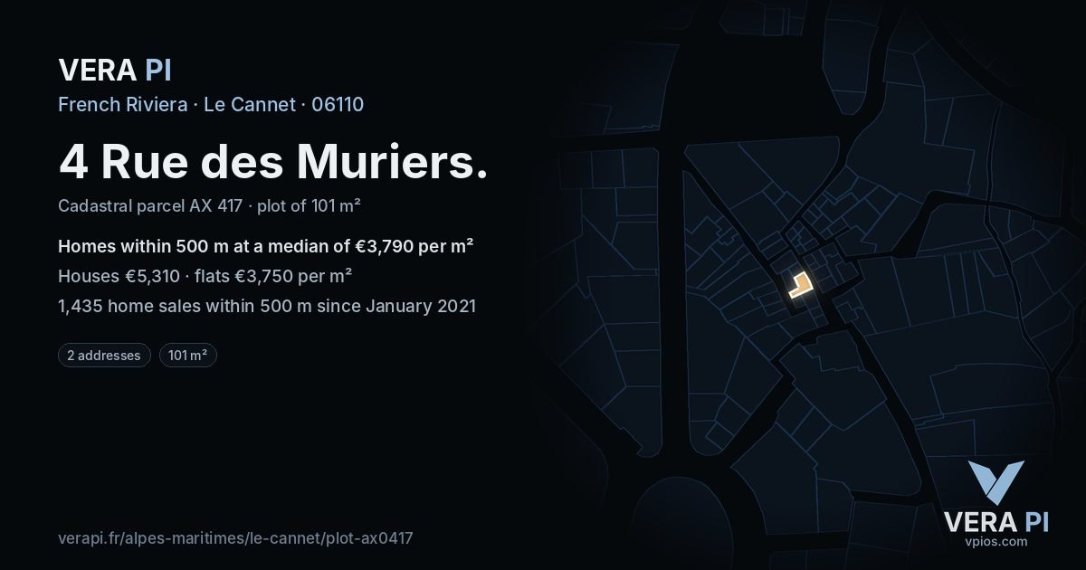 4 Rue des Muriers, Le Cannet at night – the plot lit, the parcels around coloured by the prices near them