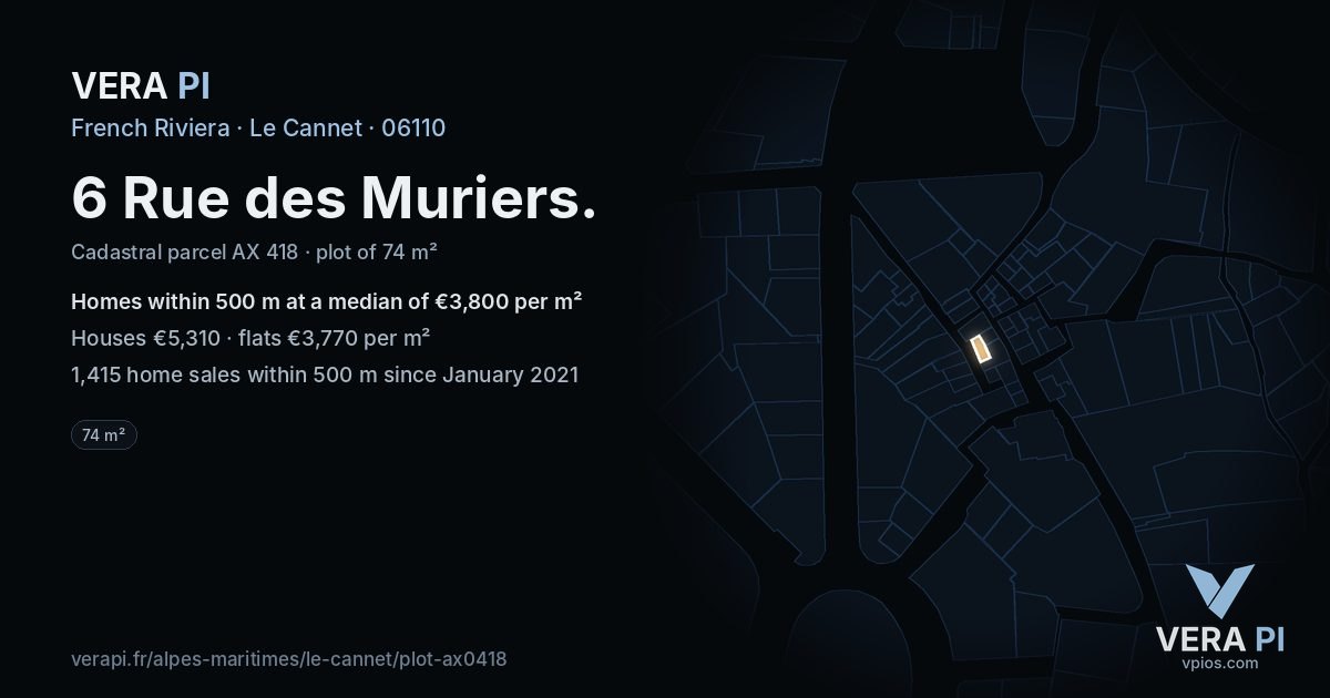 6 Rue des Muriers, Le Cannet at night – the plot lit, the parcels around coloured by the prices near them