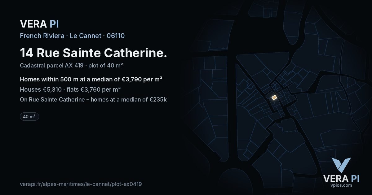 14 Rue Sainte Catherine, Le Cannet at night – the plot lit, the parcels around coloured by the prices near them