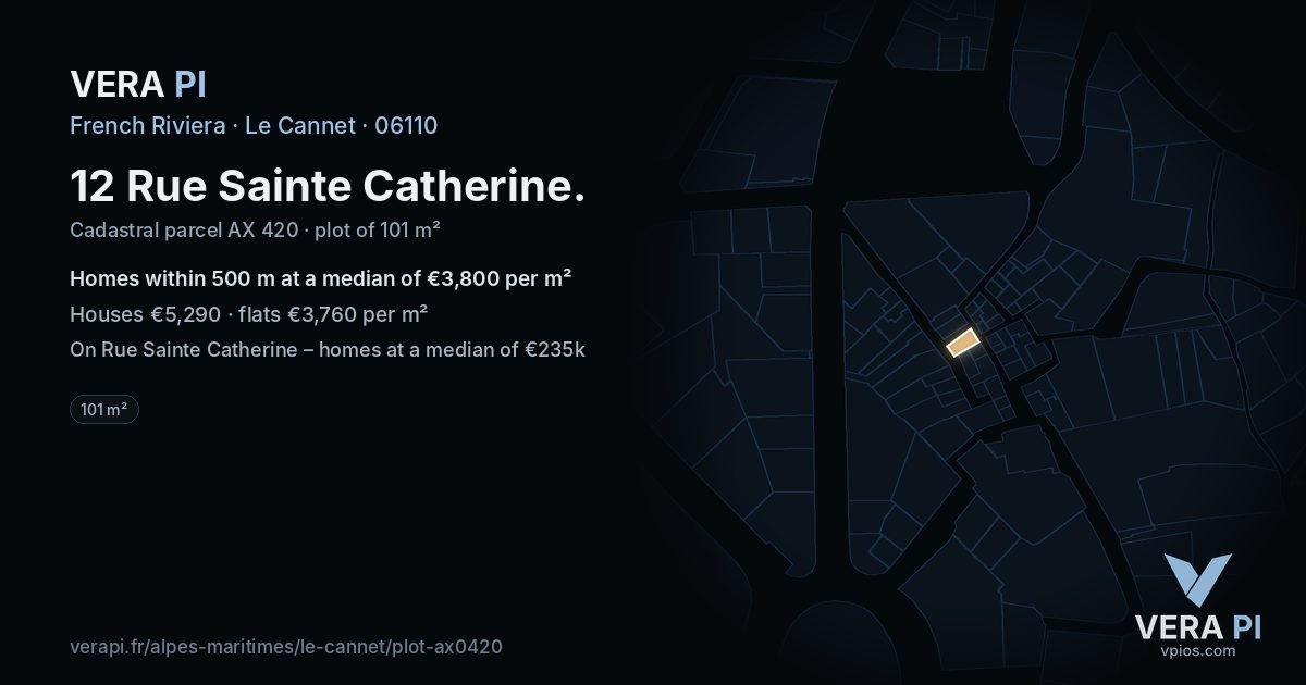 12 Rue Sainte Catherine, Le Cannet at night – the plot lit, the parcels around coloured by the prices near them