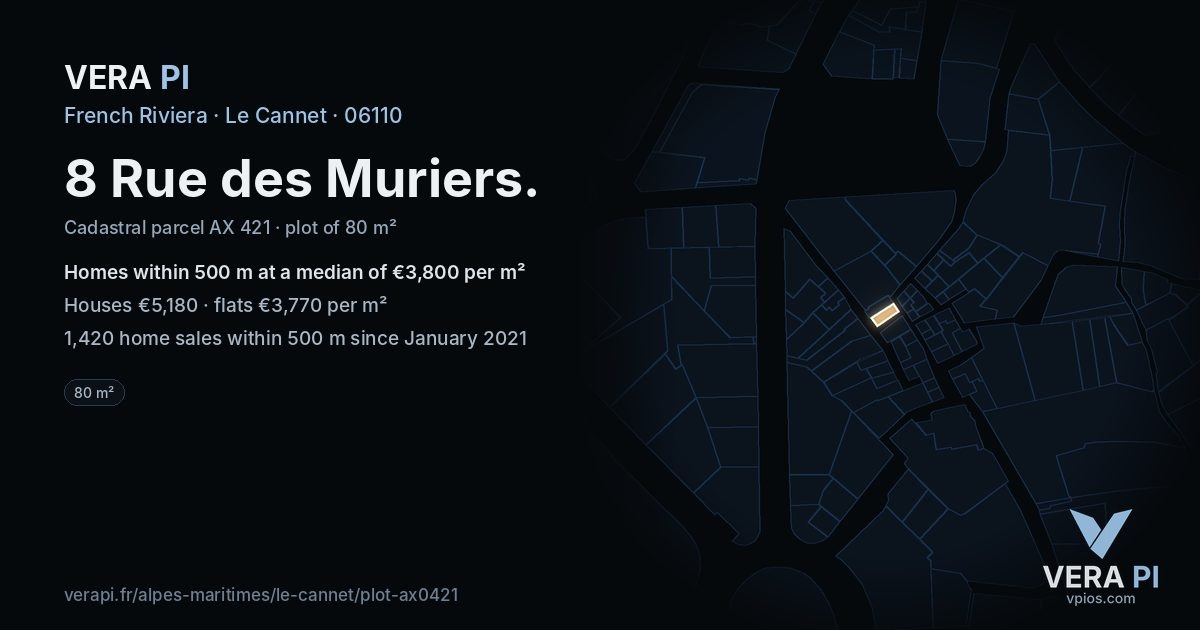 8 Rue des Muriers, Le Cannet at night – the plot lit, the parcels around coloured by the prices near them