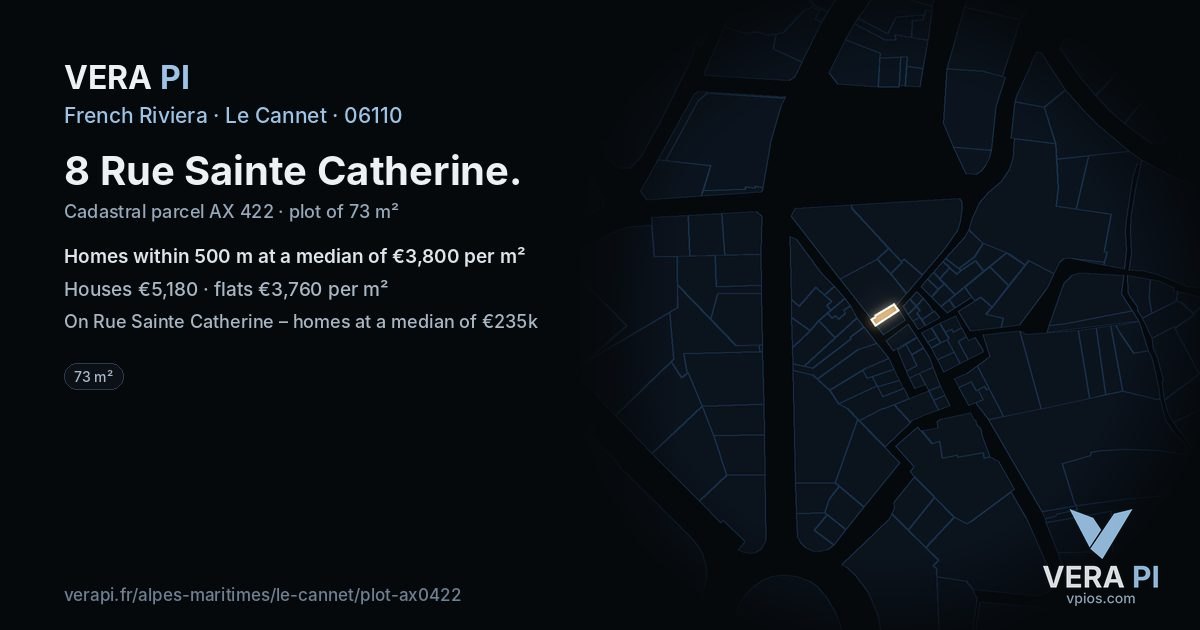8 Rue Sainte Catherine, Le Cannet at night – the plot lit, the parcels around coloured by the prices near them