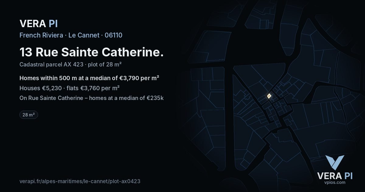 13 Rue Sainte Catherine, Le Cannet at night – the plot lit, the parcels around coloured by the prices near them