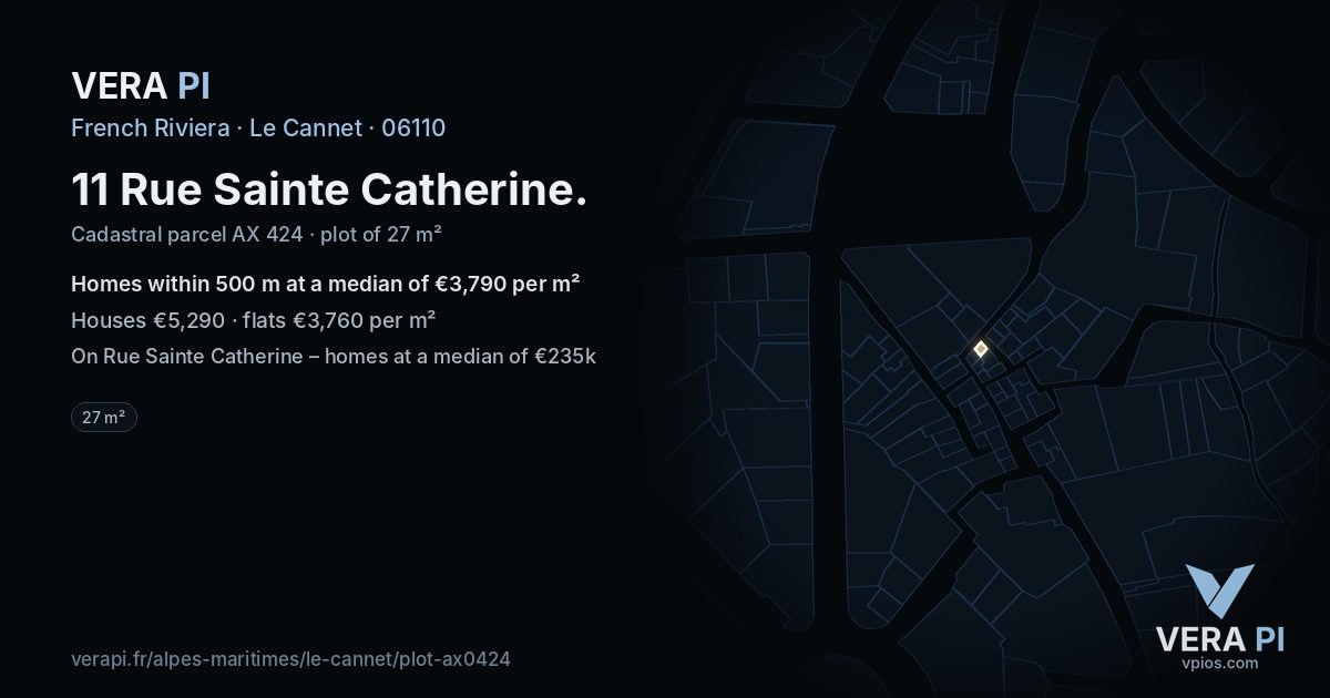 11 Rue Sainte Catherine, Le Cannet at night – the plot lit, the parcels around coloured by the prices near them