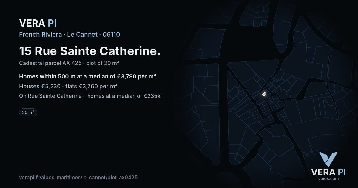 15 Rue Sainte Catherine, Le Cannet at night – the plot lit, the parcels around coloured by the prices near them