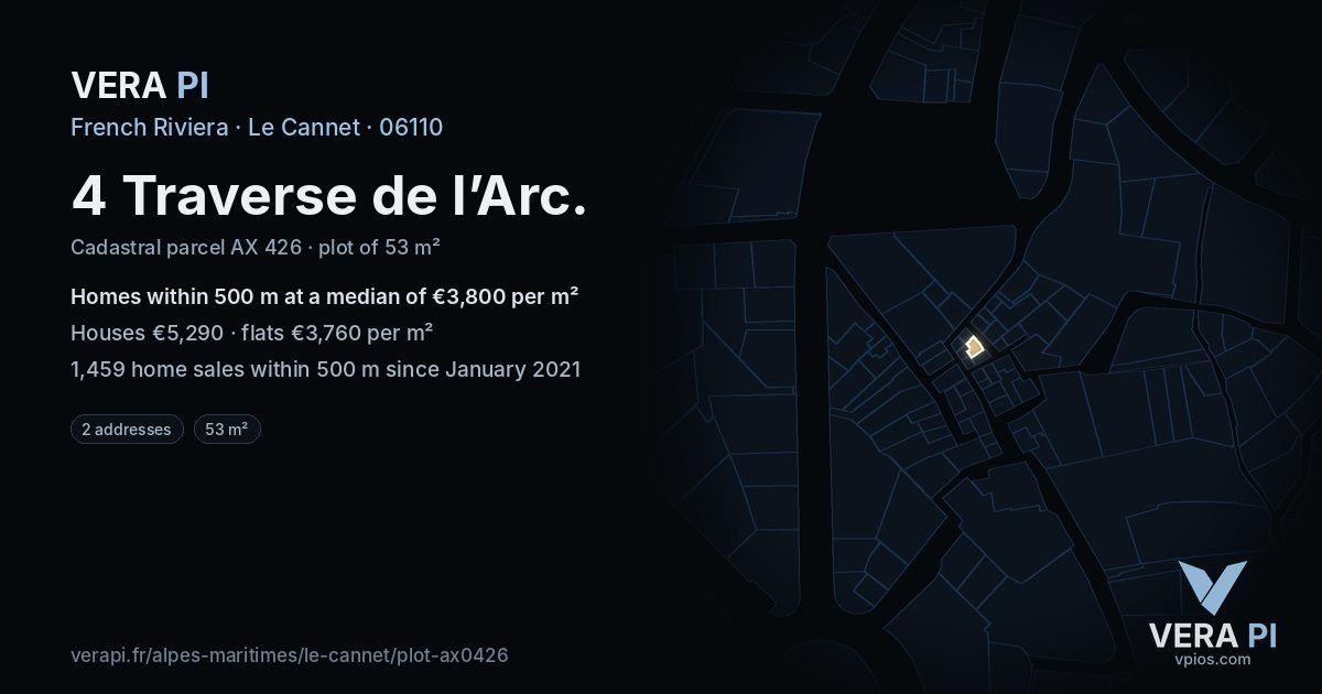 4 Traverse de l’Arc, Le Cannet at night – the plot lit, the parcels around coloured by the prices near them