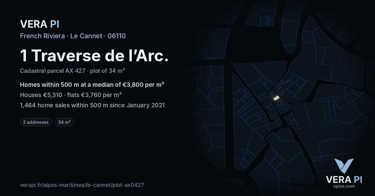 1 Traverse de l’Arc, Le Cannet at night – the plot lit, the parcels around coloured by the prices near them