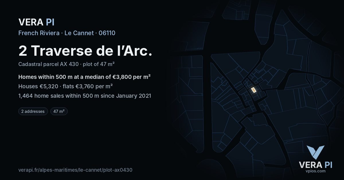 2 Traverse de l’Arc, Le Cannet at night – the plot lit, the parcels around coloured by the prices near them