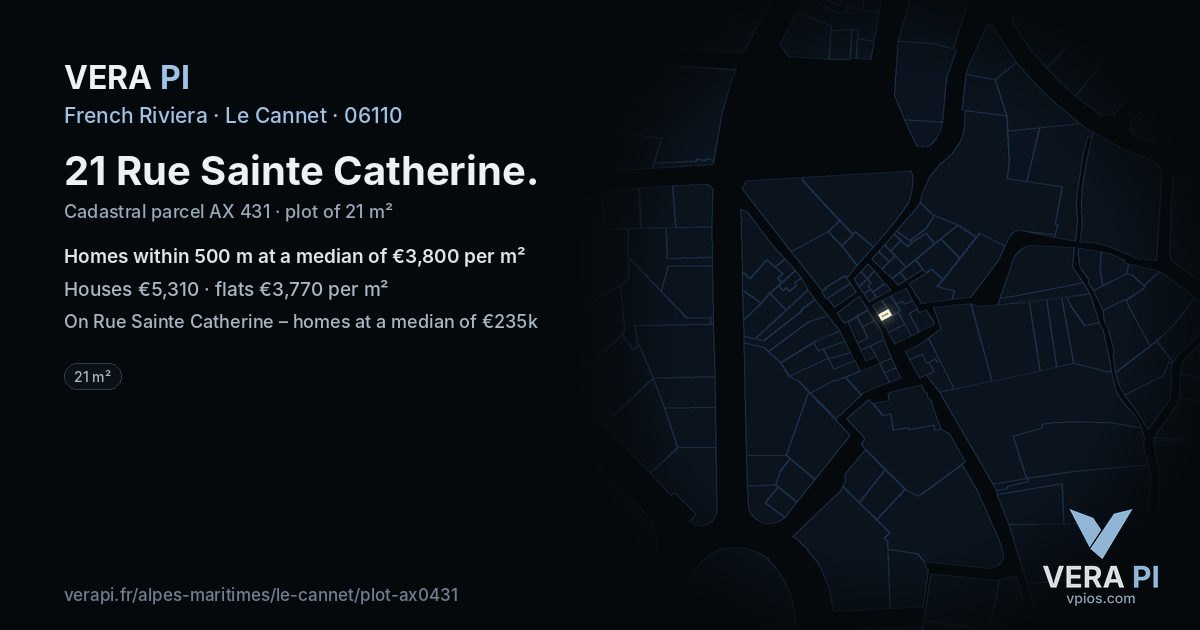 21 Rue Sainte Catherine, Le Cannet at night – the plot lit, the parcels around coloured by the prices near them
