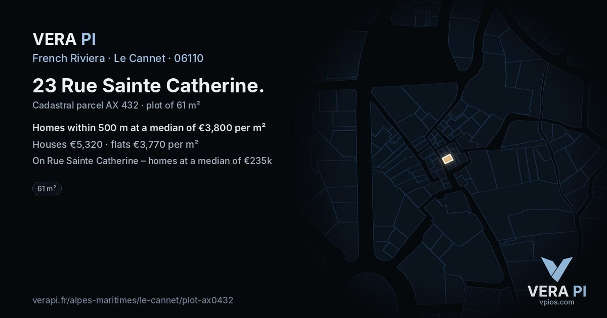 23 Rue Sainte Catherine, Le Cannet at night – the plot lit, the parcels around coloured by the prices near them