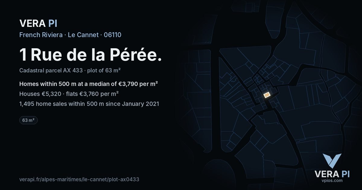 1 Rue de la Pérée, Le Cannet at night – the plot lit, the parcels around coloured by the prices near them