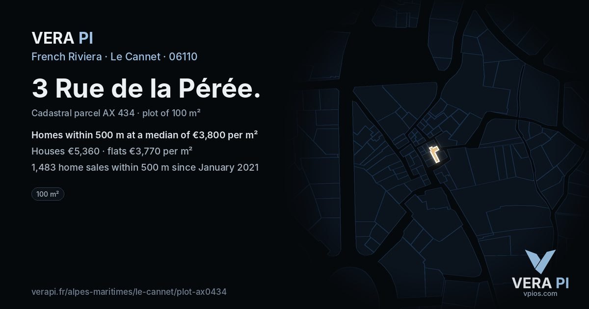 3 Rue de la Pérée, Le Cannet at night – the plot lit, the parcels around coloured by the prices near them