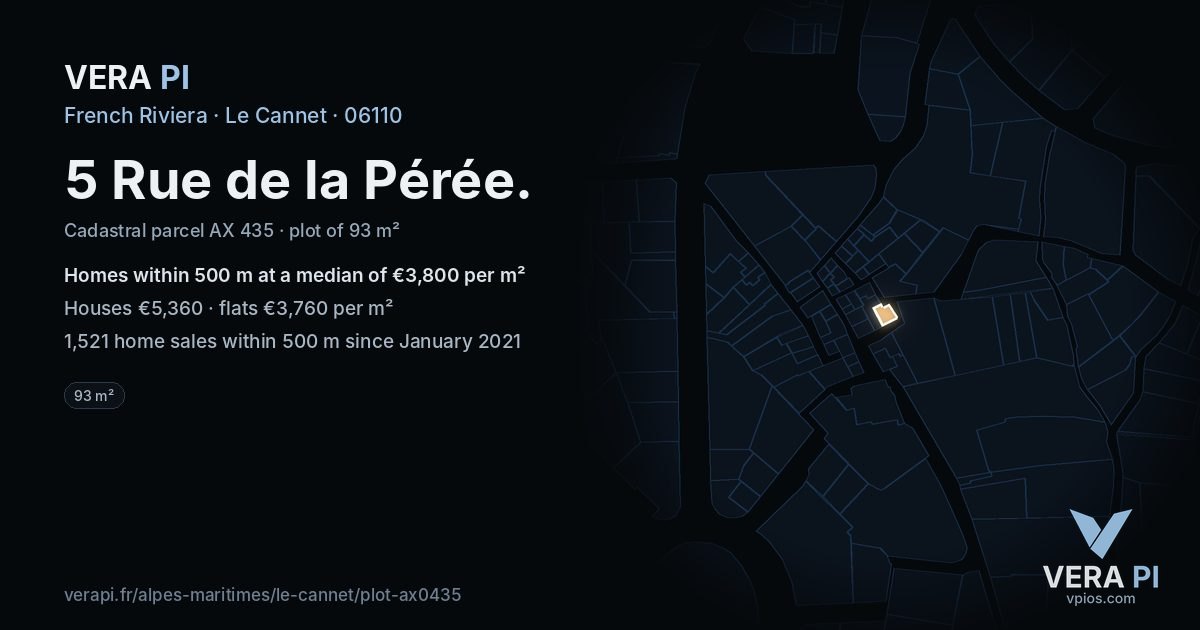 5 Rue de la Pérée, Le Cannet at night – the plot lit, the parcels around coloured by the prices near them