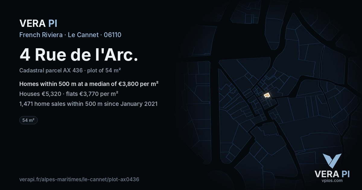 4 Rue de l'Arc, Le Cannet at night – the plot lit, the parcels around coloured by the prices near them