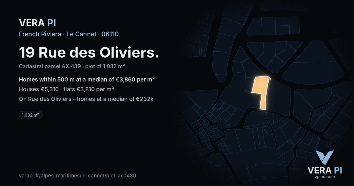 19 Rue des Oliviers, Le Cannet at night – the plot lit, the parcels around coloured by the prices near them