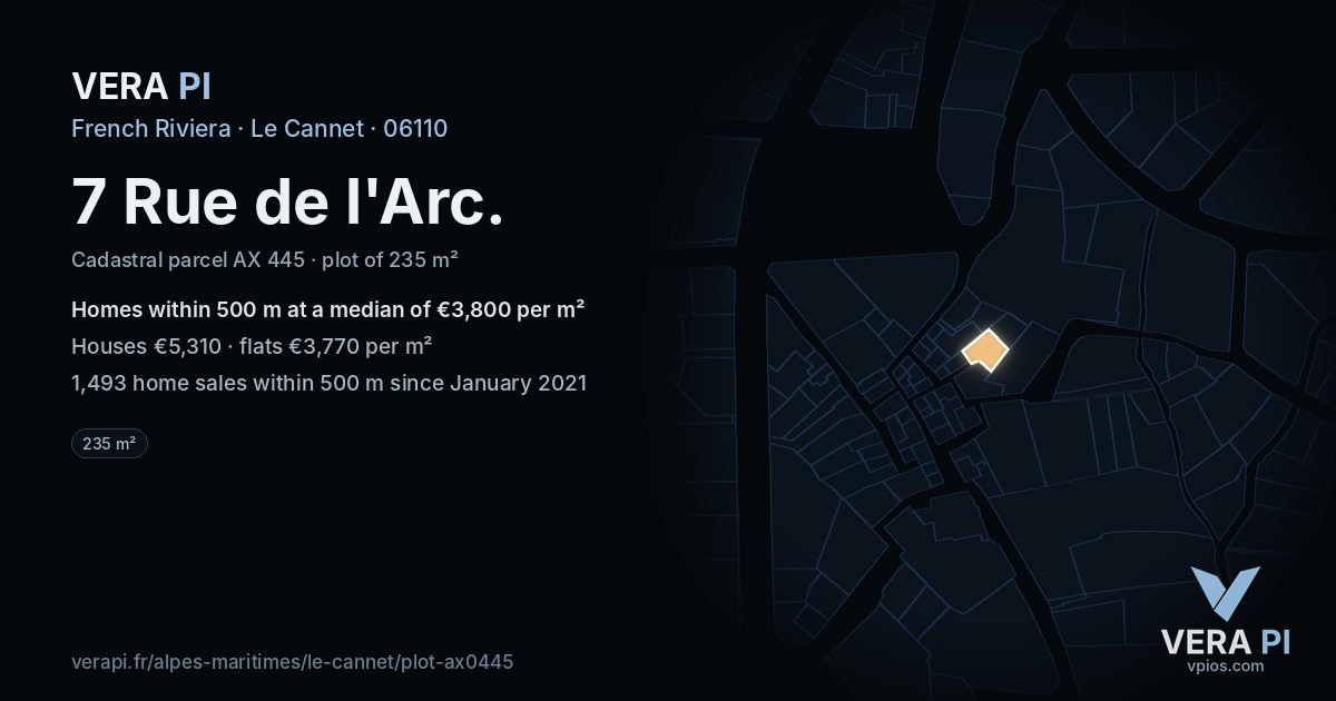 7 Rue de l'Arc, Le Cannet at night – the plot lit, the parcels around coloured by the prices near them