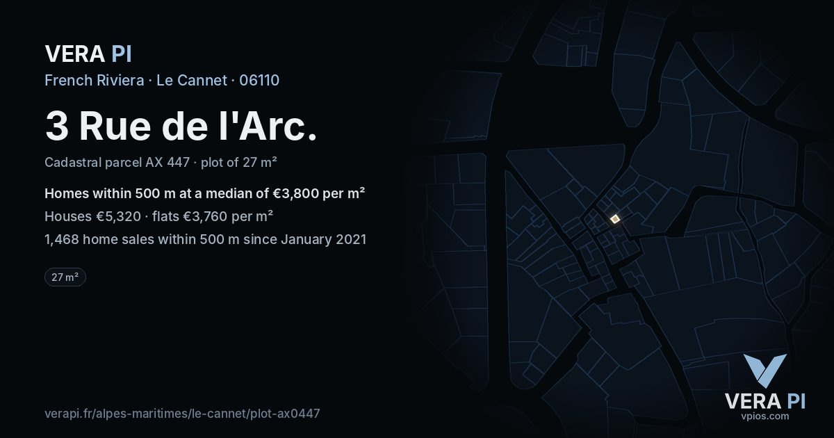3 Rue de l'Arc, Le Cannet at night – the plot lit, the parcels around coloured by the prices near them