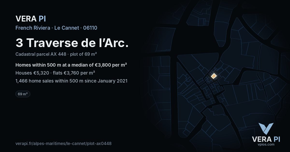 3 Traverse de l’Arc, Le Cannet at night – the plot lit, the parcels around coloured by the prices near them
