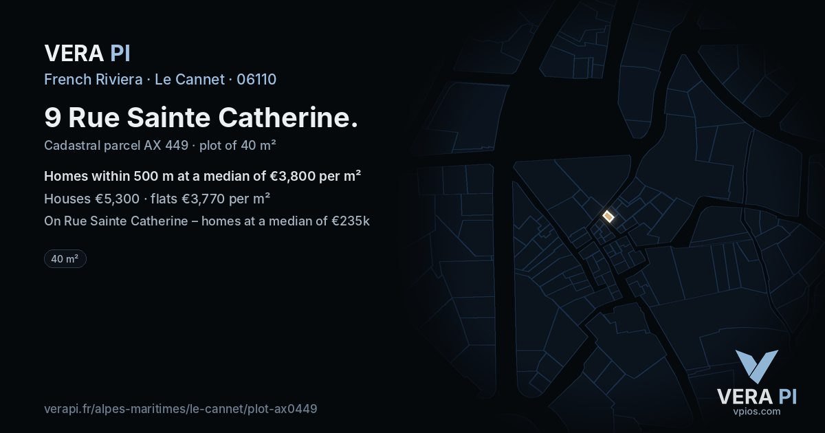 9 Rue Sainte Catherine, Le Cannet at night – the plot lit, the parcels around coloured by the prices near them