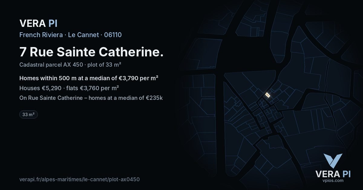 7 Rue Sainte Catherine, Le Cannet at night – the plot lit, the parcels around coloured by the prices near them