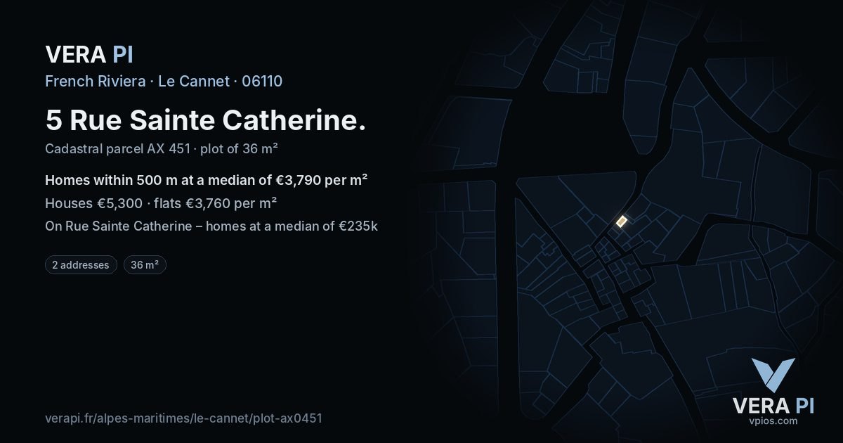 5 Rue Sainte Catherine, Le Cannet at night – the plot lit, the parcels around coloured by the prices near them
