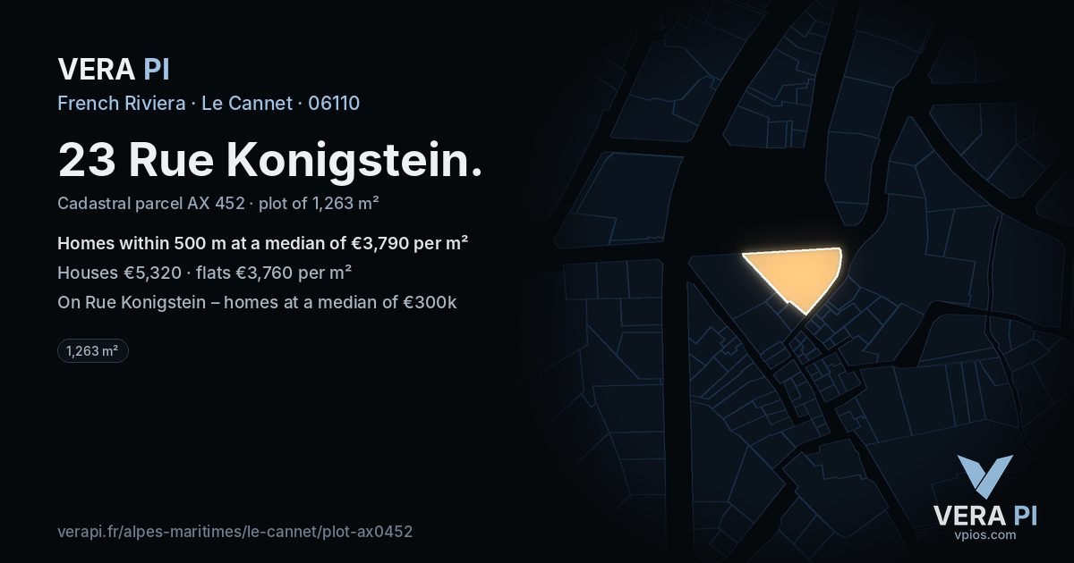 23 Rue Konigstein, Le Cannet at night – the plot lit, the parcels around coloured by the prices near them