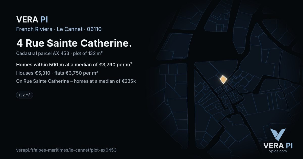 4 Rue Sainte Catherine, Le Cannet at night – the plot lit, the parcels around coloured by the prices near them