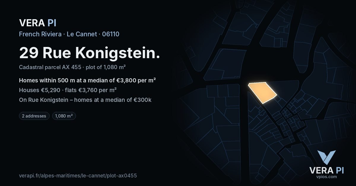 29 Rue Konigstein, Le Cannet at night – the plot lit, the parcels around coloured by the prices near them