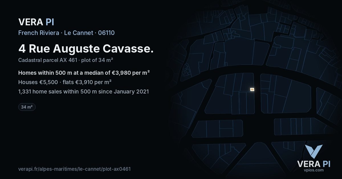 4 Rue Auguste Cavasse, Le Cannet at night – the plot lit, the parcels around coloured by the prices near them
