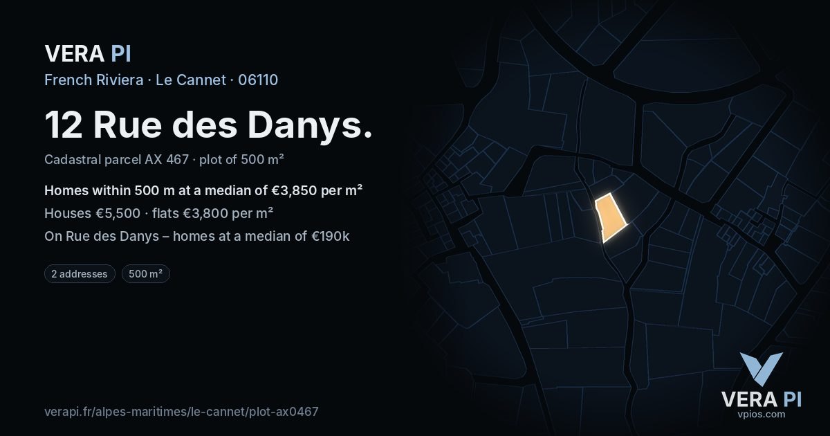 12 Rue des Danys, Le Cannet at night – the plot lit, the parcels around coloured by the prices near them