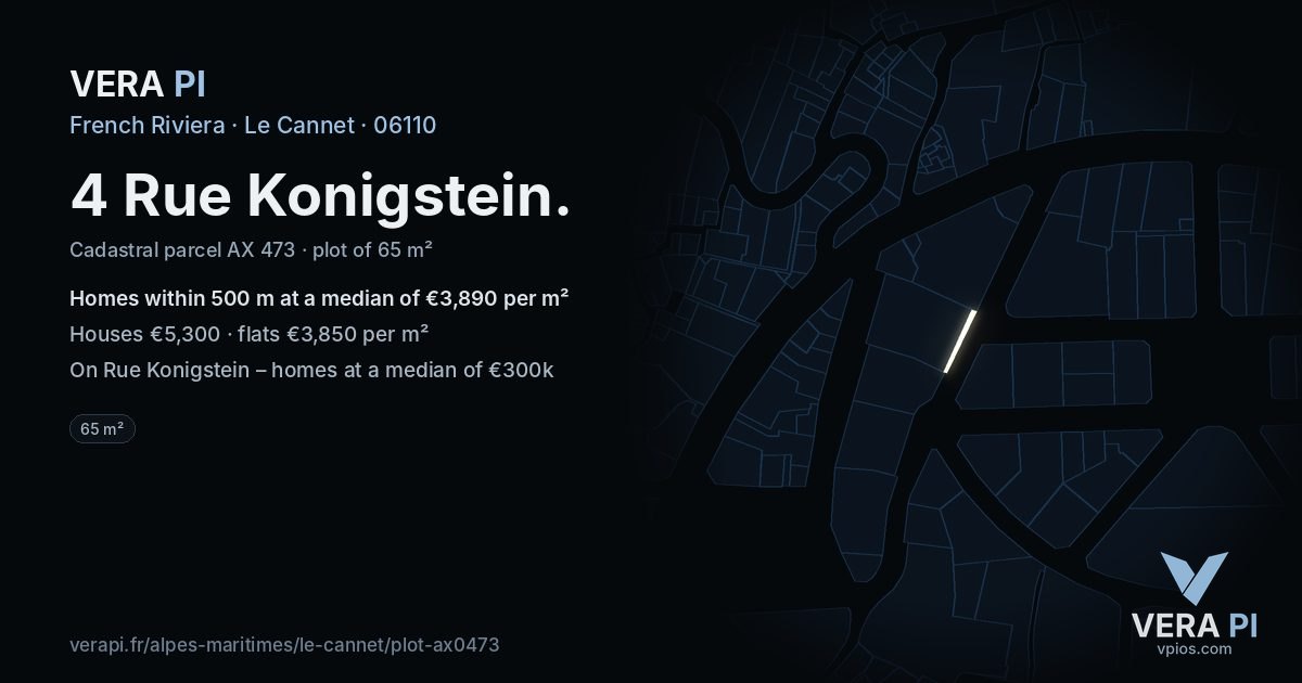4 Rue Konigstein, Le Cannet at night – the plot lit, the parcels around coloured by the prices near them