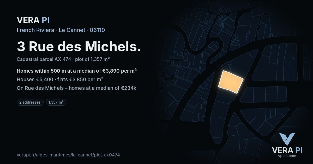 3 Rue des Michels, Le Cannet at night – the plot lit, the parcels around coloured by the prices near them