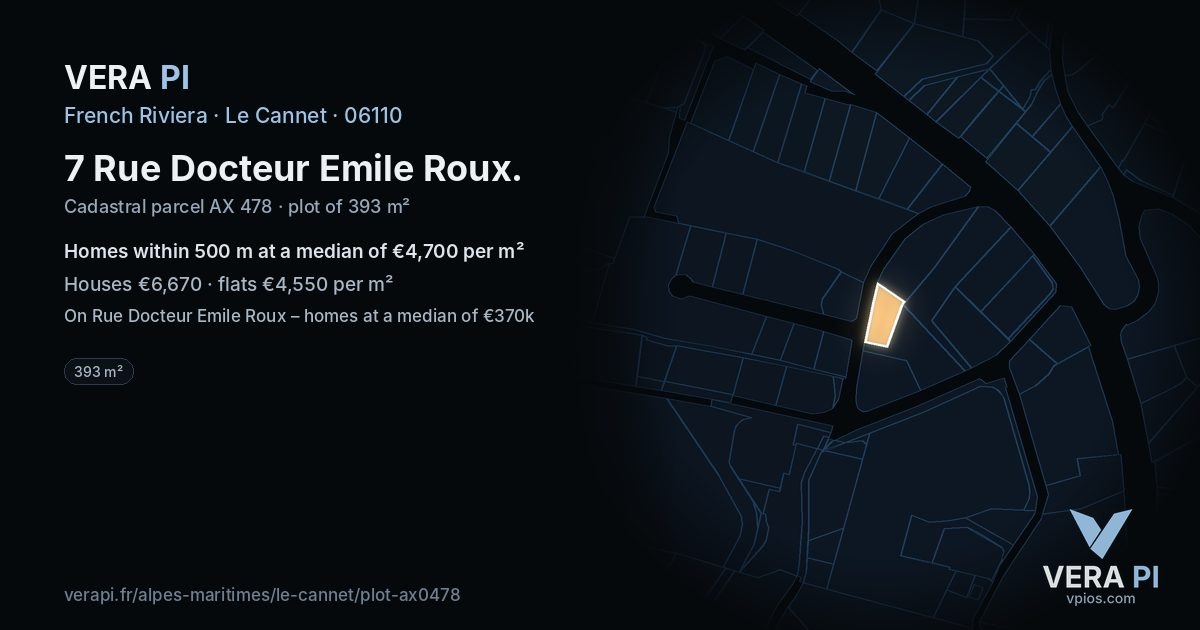 7 Rue Docteur Emile Roux, Le Cannet at night – the plot lit, the parcels around coloured by the prices near them
