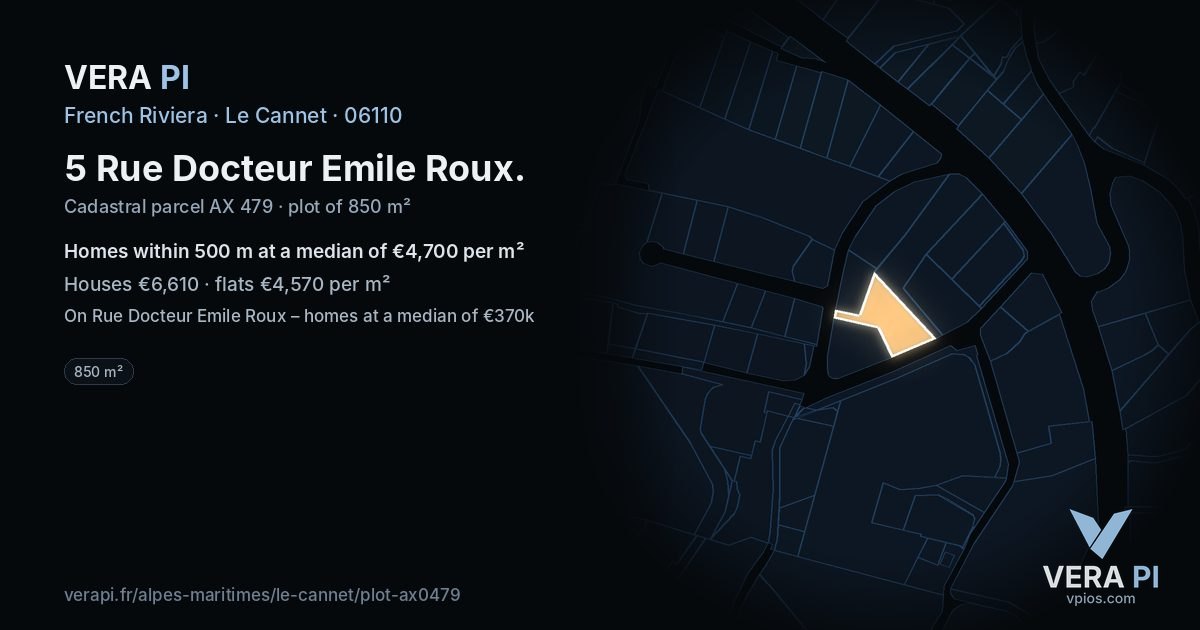5 Rue Docteur Emile Roux, Le Cannet at night – the plot lit, the parcels around coloured by the prices near them