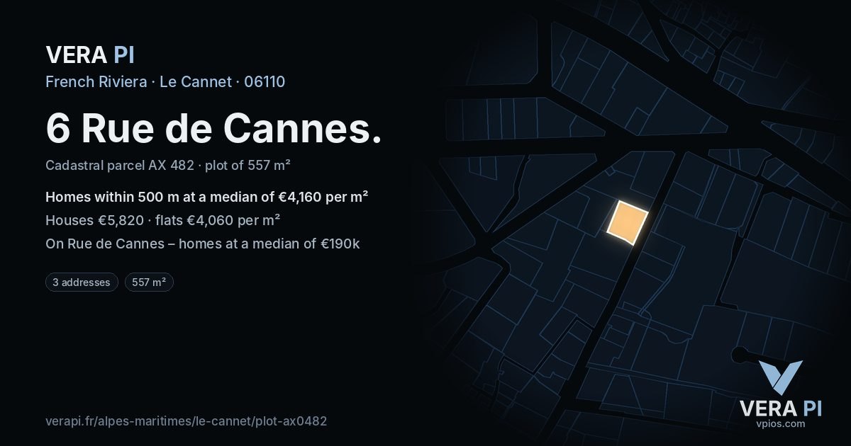 6 Rue de Cannes, Le Cannet at night – the plot lit, the parcels around coloured by the prices near them