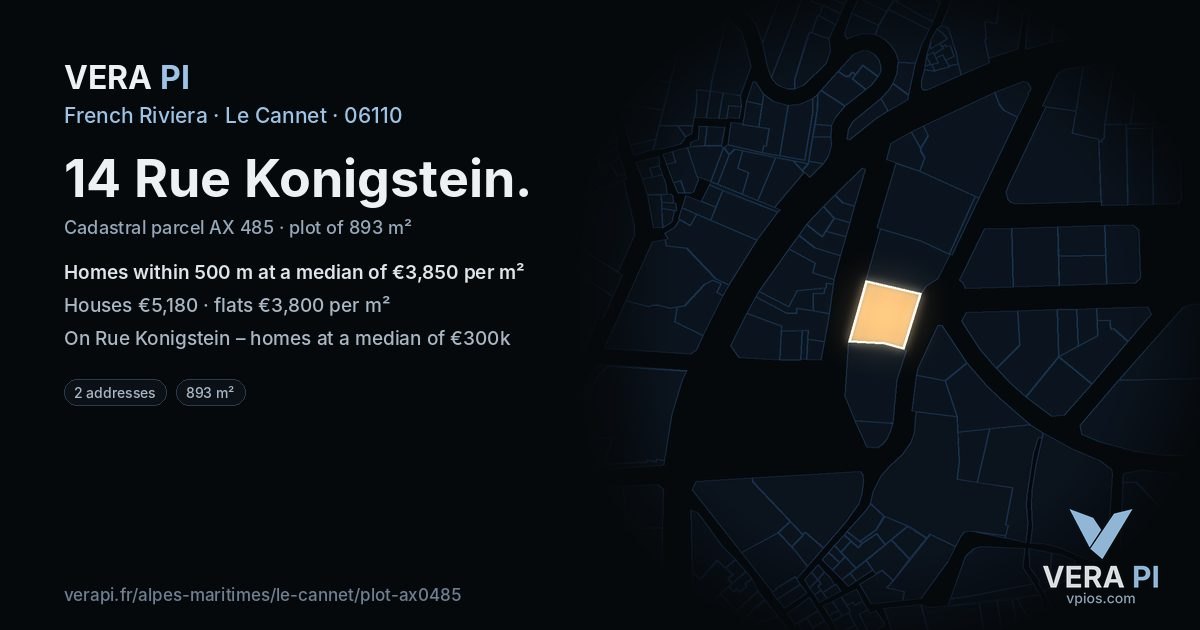 14 Rue Konigstein, Le Cannet at night – the plot lit, the parcels around coloured by the prices near them