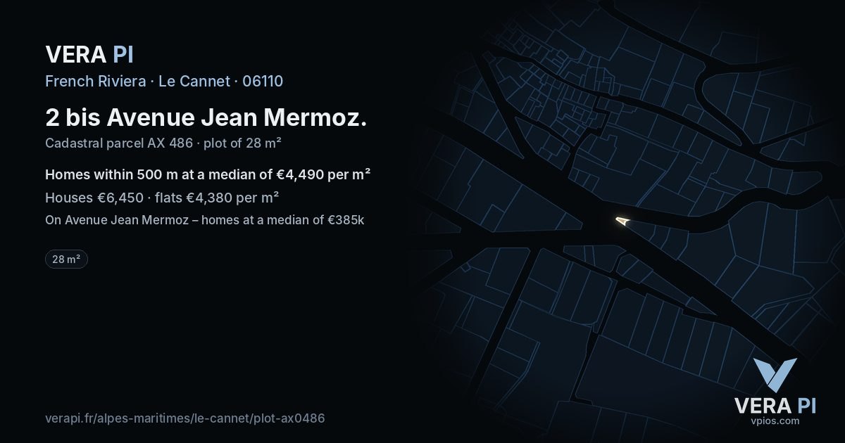 2 bis Avenue Jean Mermoz, Le Cannet at night – the plot lit, the parcels around coloured by the prices near them