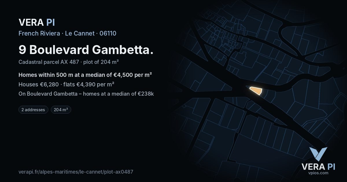 9 Boulevard Gambetta, Le Cannet at night – the plot lit, the parcels around coloured by the prices near them