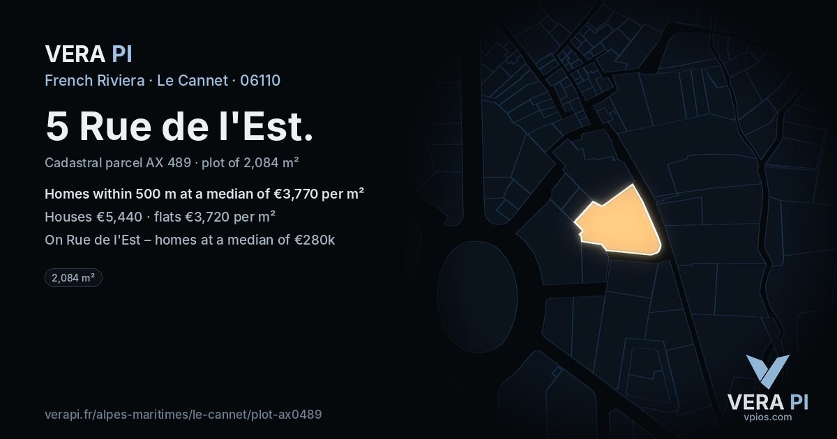 5 Rue de l'Est, Le Cannet at night – the plot lit, the parcels around coloured by the prices near them