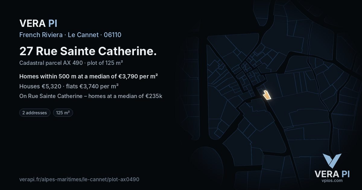 27 Rue Sainte Catherine, Le Cannet at night – the plot lit, the parcels around coloured by the prices near them