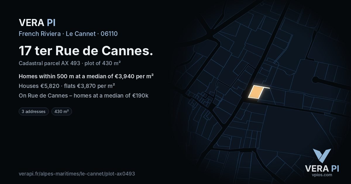 17 ter Rue de Cannes, Le Cannet at night – the plot lit, the parcels around coloured by the prices near them