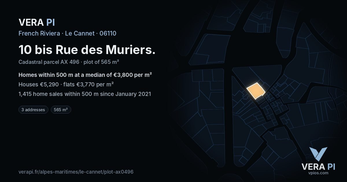 10 bis Rue des Muriers, Le Cannet at night – the plot lit, the parcels around coloured by the prices near them