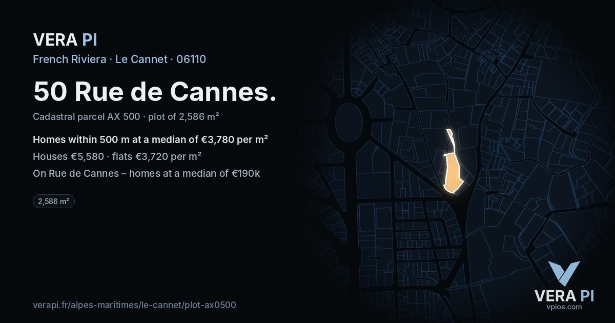 50 Rue de Cannes, Le Cannet at night – the plot lit, the parcels around coloured by the prices near them