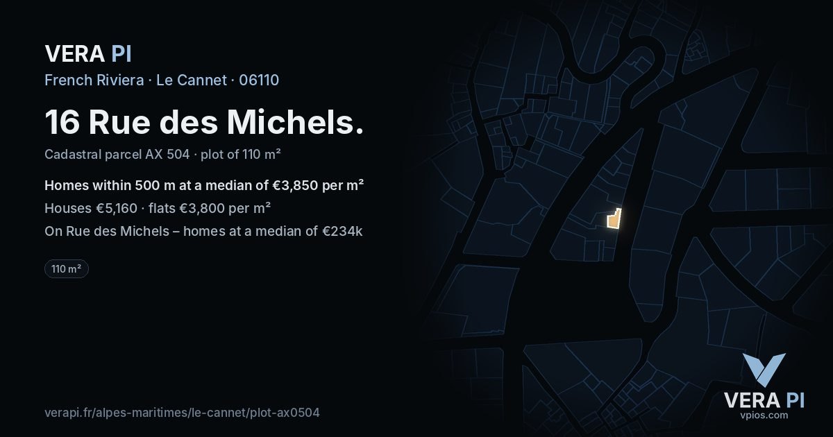 16 Rue des Michels, Le Cannet at night – the plot lit, the parcels around coloured by the prices near them