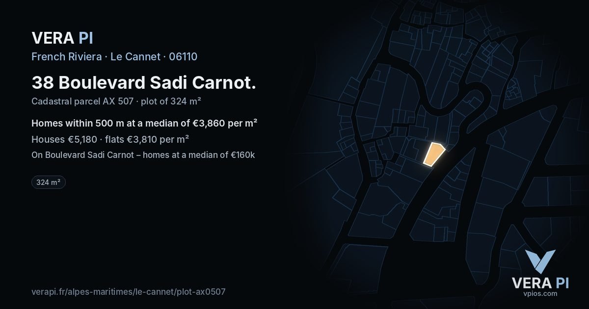 38 Boulevard Sadi Carnot, Le Cannet at night – the plot lit, the parcels around coloured by the prices near them